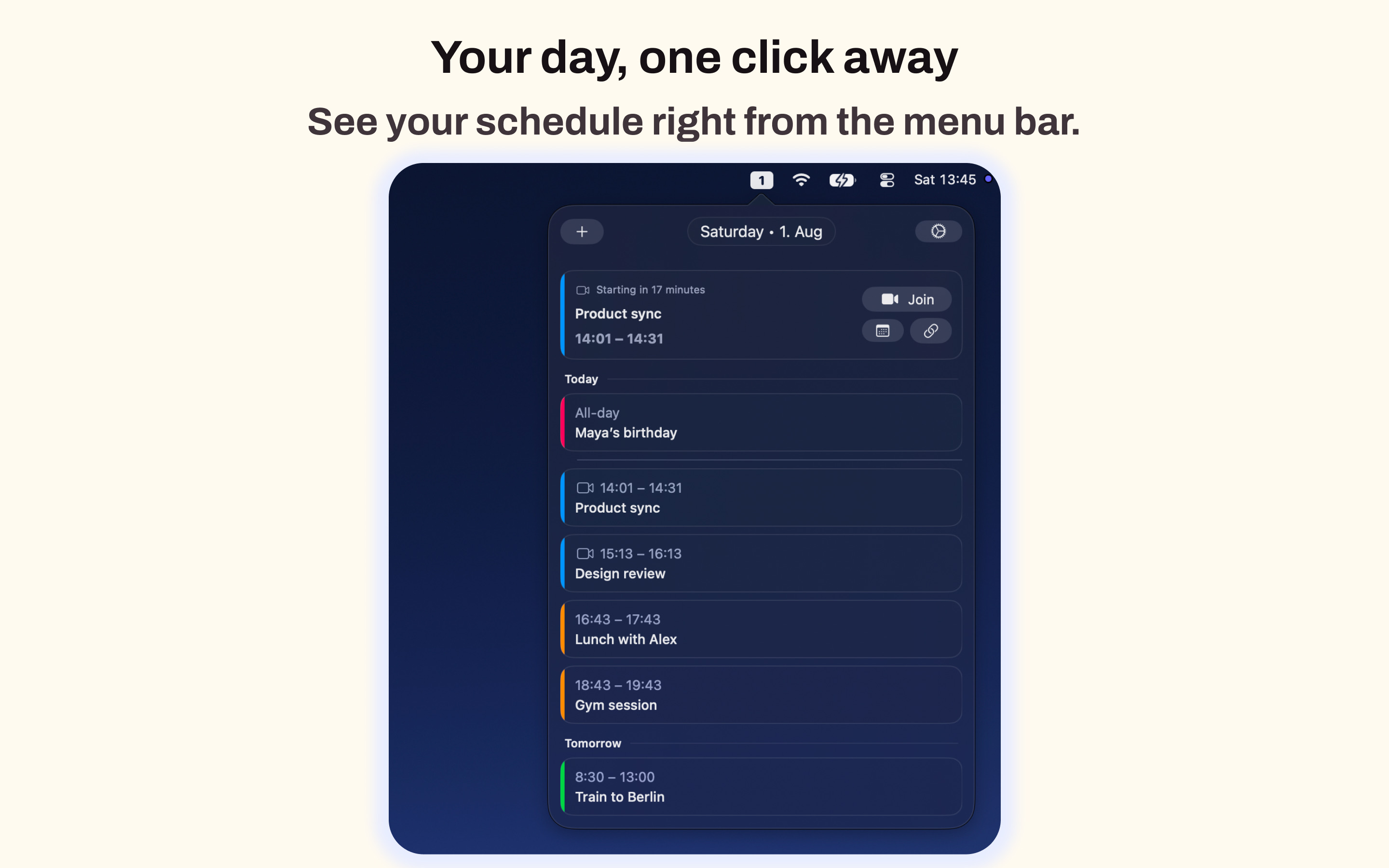 Calento menu bar calendar showing today's schedule and upcoming events.
