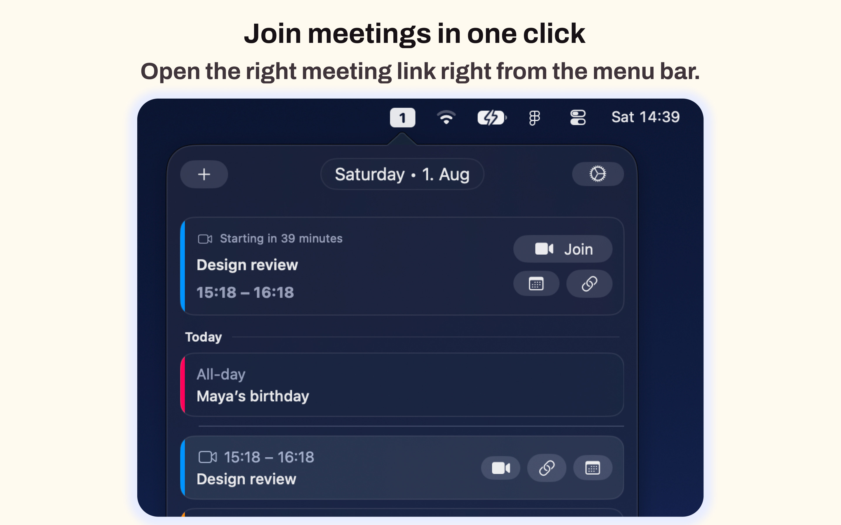 Calento menu bar calendar with a Join button for an upcoming meeting.
