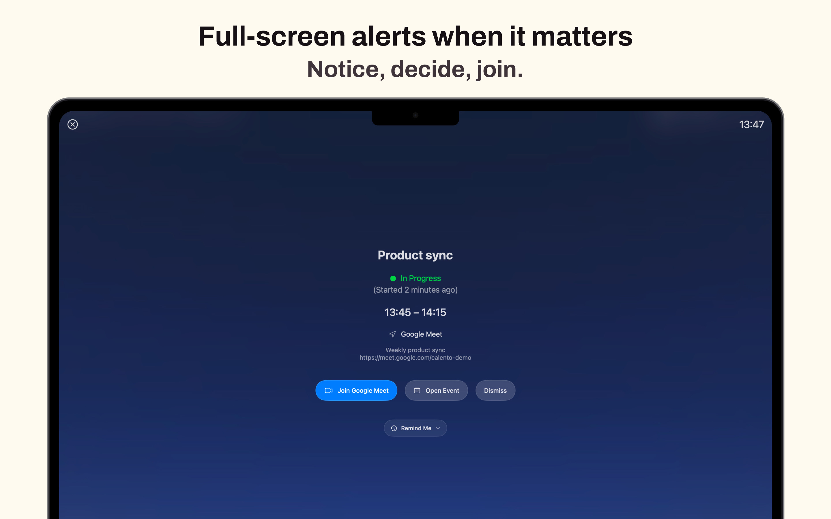 Calento full-screen alert for a Product sync meeting with Join, Open Event, and Dismiss actions.