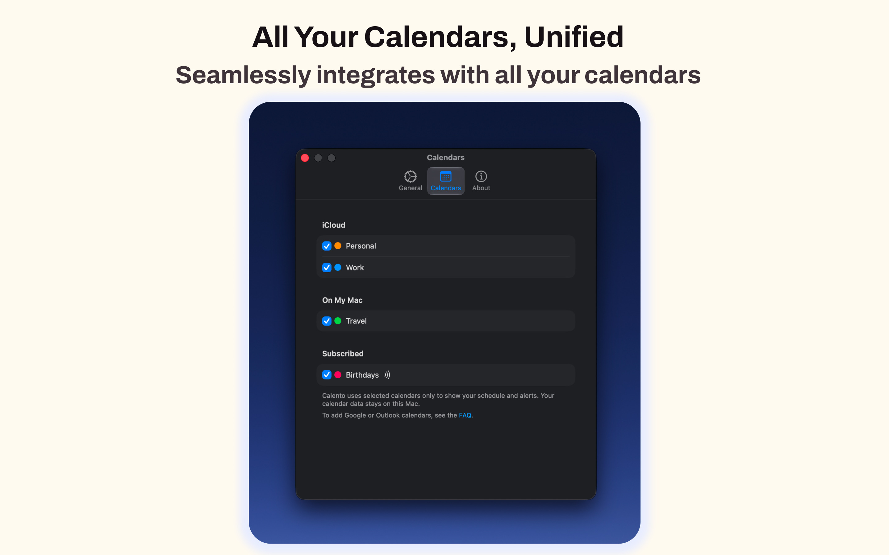 Calento calendar settings showing selected iCloud, Mac, and subscribed calendars.