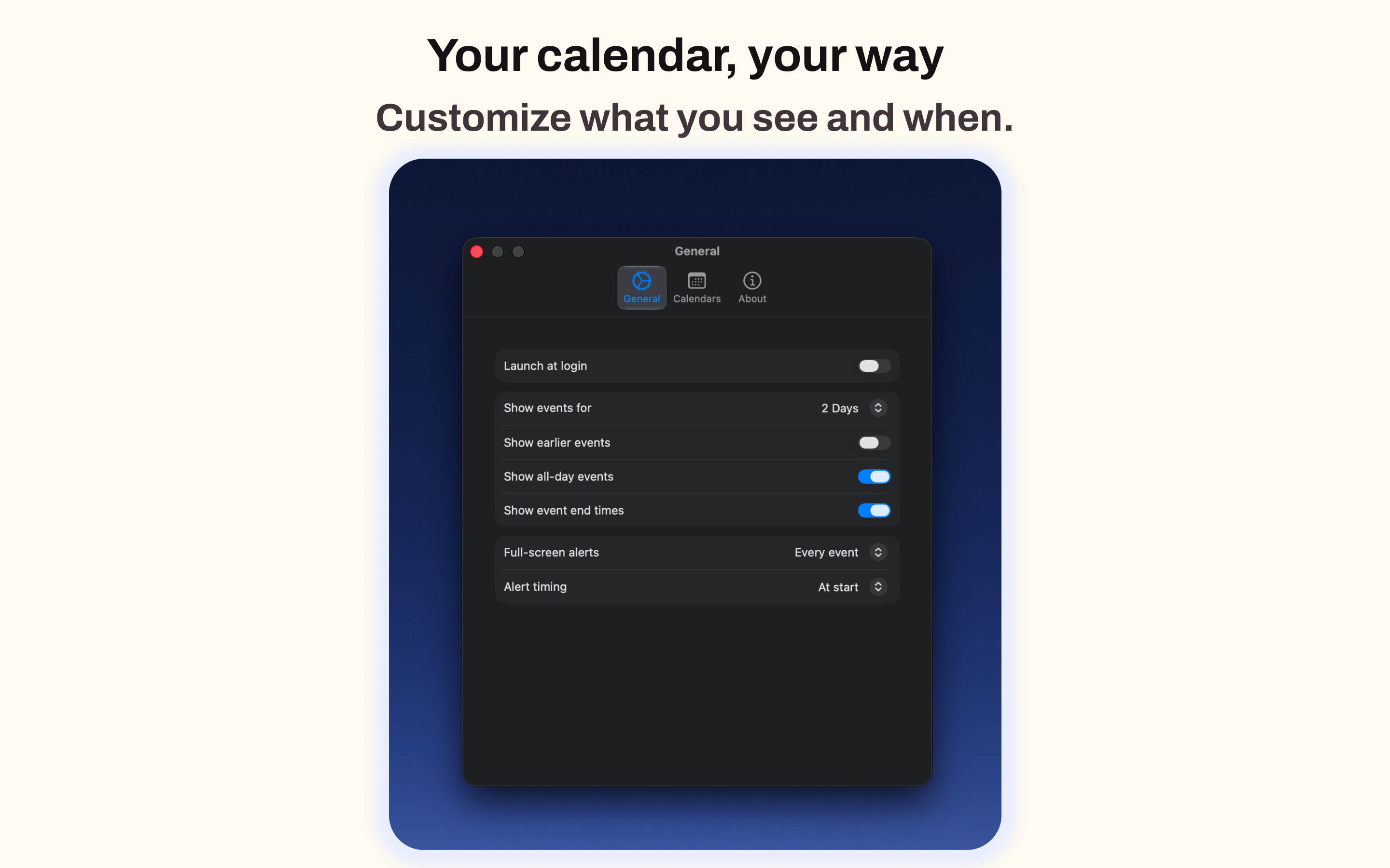 Calento General settings showing controls for visible events and alert timing.