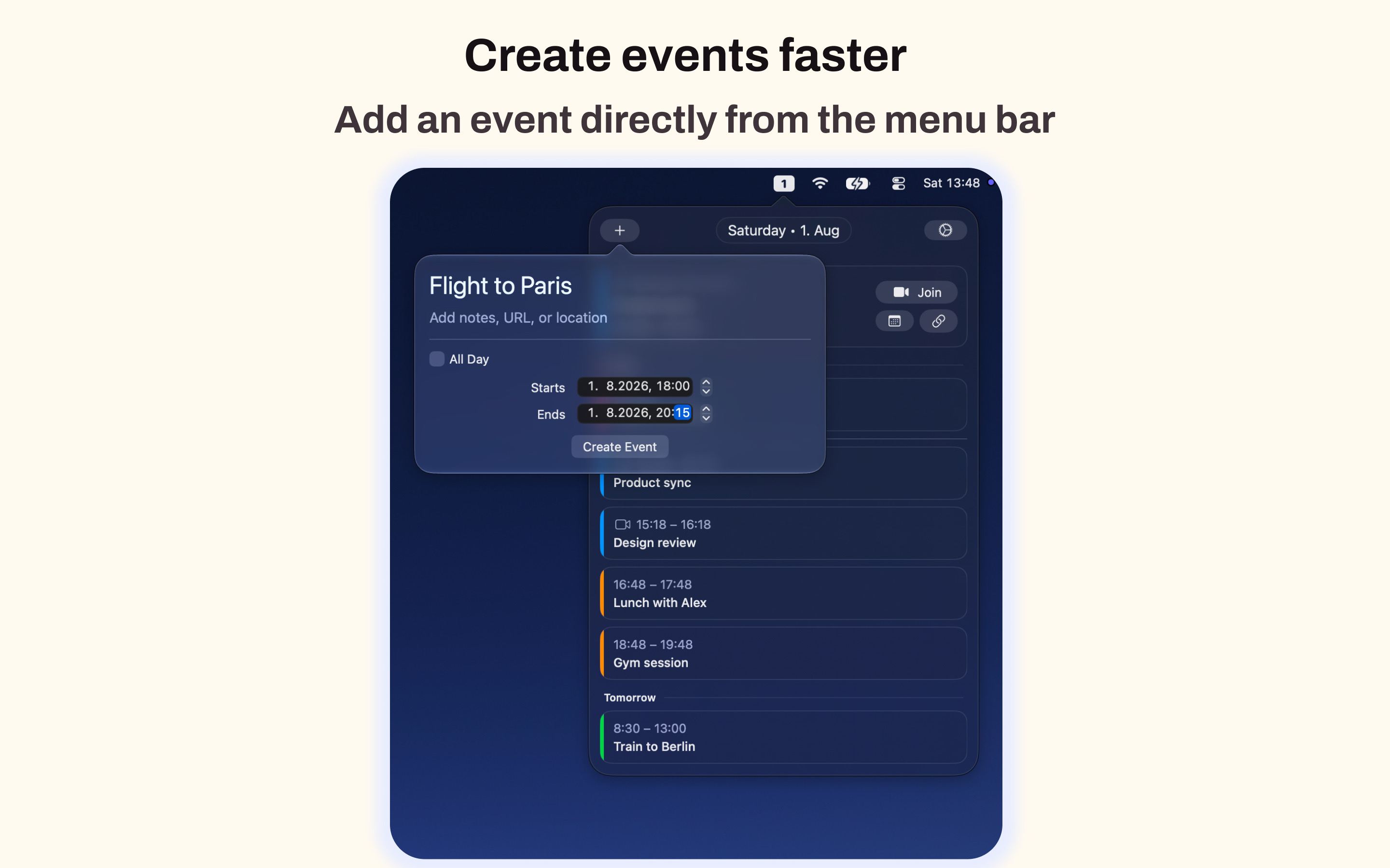 Calento quick-create event form floating over the menu bar calendar.
