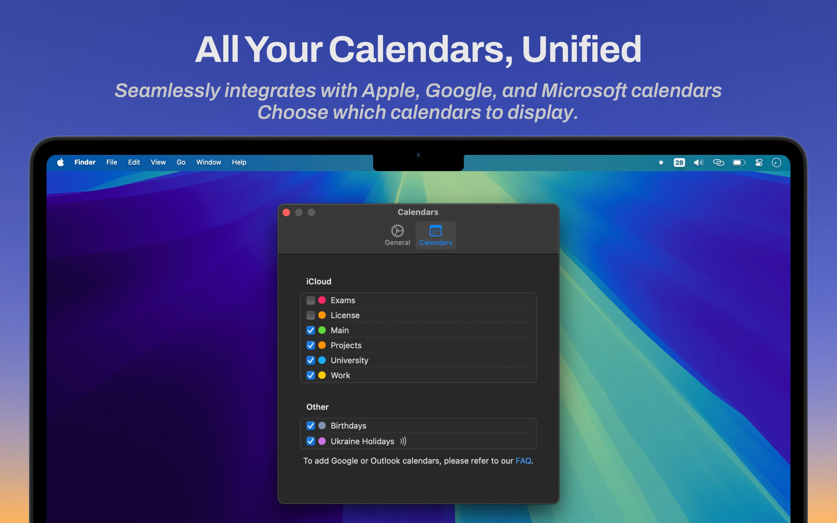 Settings showing calendar selection